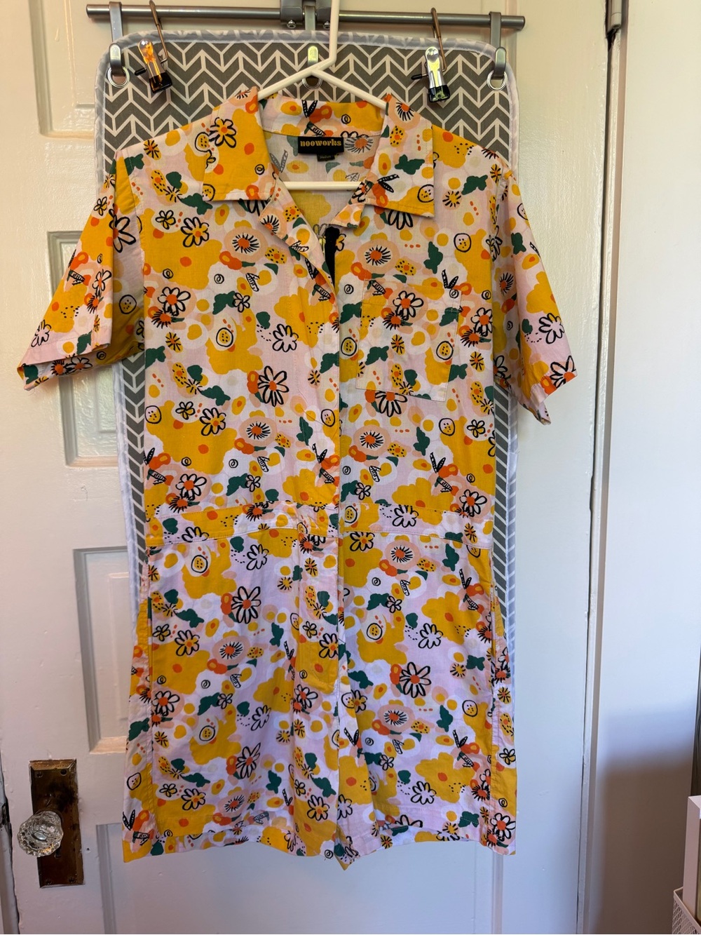 Nooworks Yellow Floral Zip Up “Short-alls” (short coveralls)
